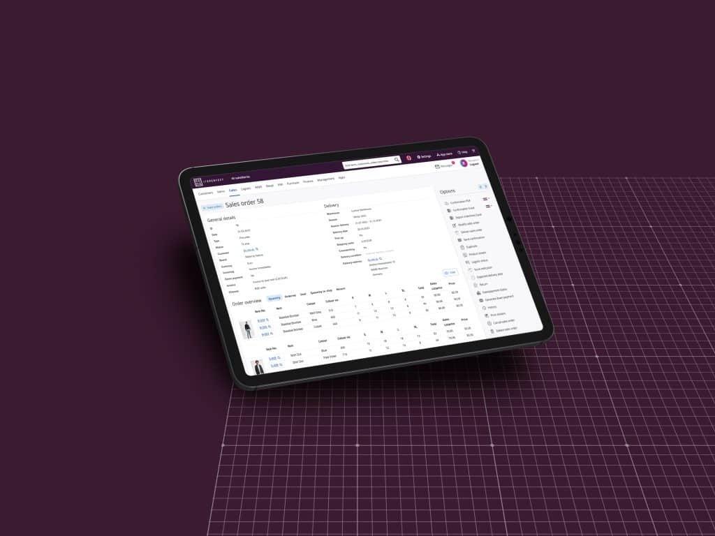 Mockup of screen sales order fashion ERP system on purple grid