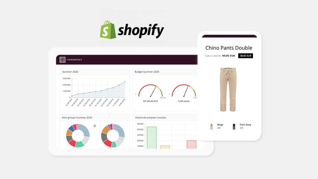 Mockup of reporting dashboard in fashion ERP and out-of-the-box connection with Shopify app