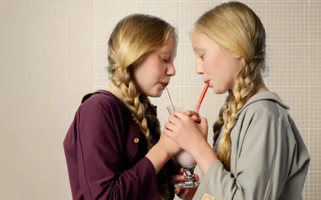 Twins with braids drinking a smoothie together with straws.
