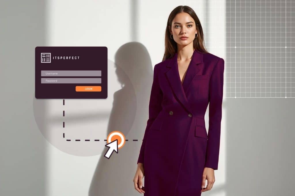 Woman standing in front of white background wearing purple blazer dress, featuring the fashion ERP systems Itsperfect login screen