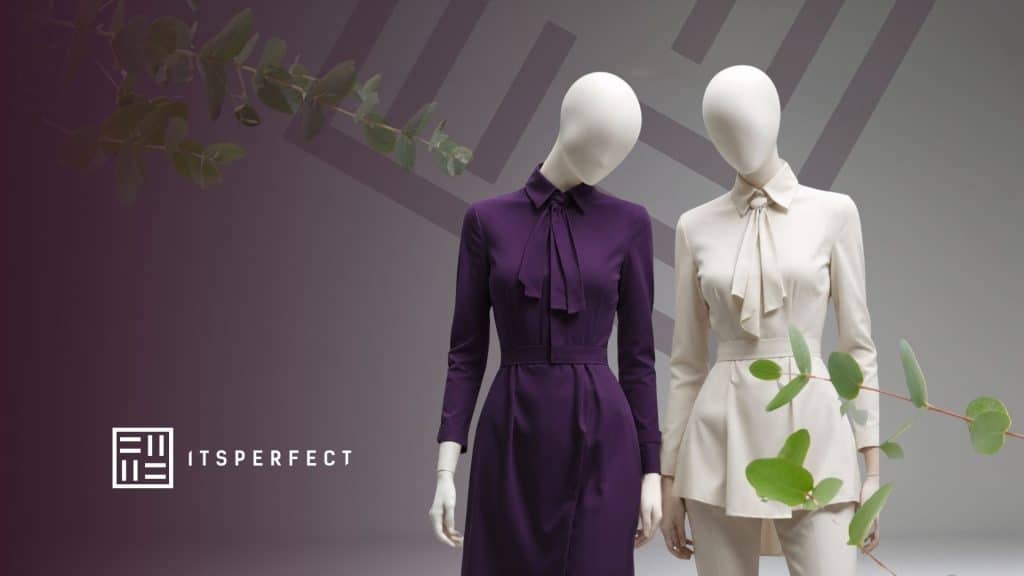 sustainable fashion practices feature, two mannequins facing the camera on a purple background, one wearing purple, one white